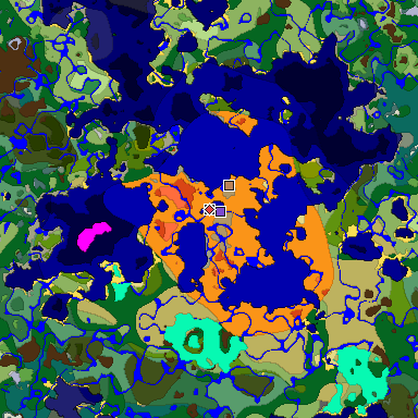 Predicted biome map of Java 1.18 seed -7249444771377731646 around estimated spawn