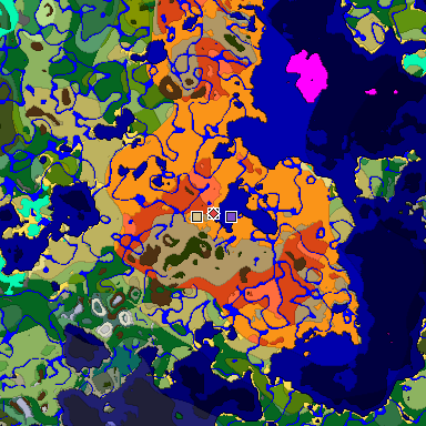 Predicted biome map of Java 1.18 seed -1372725724668345205 around estimated spawn
