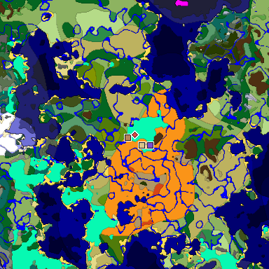 Predicted biome map of Java 1.18 seed 545024158198286762 around estimated spawn