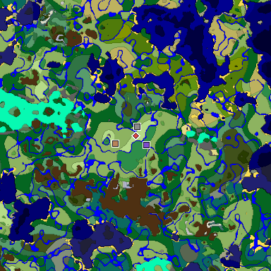 Predicted biome map of Java 1.18 seed 7045285210934242673 around estimated spawn
