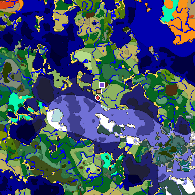 Predicted biome map of Java 1.18 seed 8387730208738584891 around estimated spawn