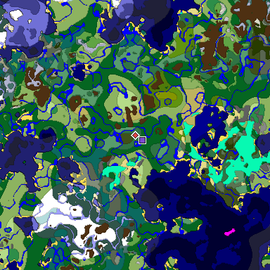 Predicted biome map of Java 1.18 seed 7251960492631190271 around estimated spawn