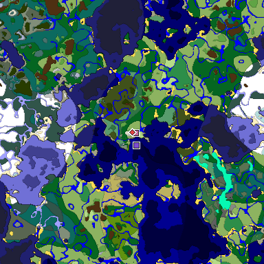 Predicted biome map of Java 1.18 seed -2643427570215758836 around estimated spawn