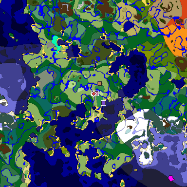Predicted biome map of Java 1.18 seed 4056971132684759183 around estimated spawn