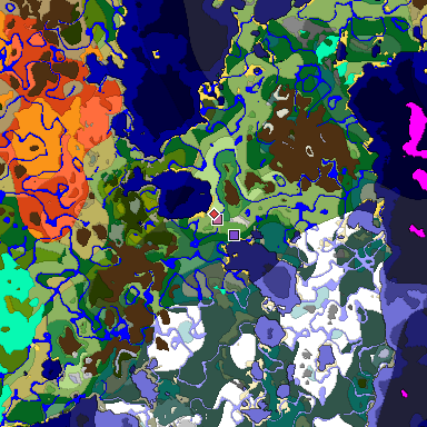 Predicted biome map of Java 1.18 seed 6832926060938460446 around estimated spawn