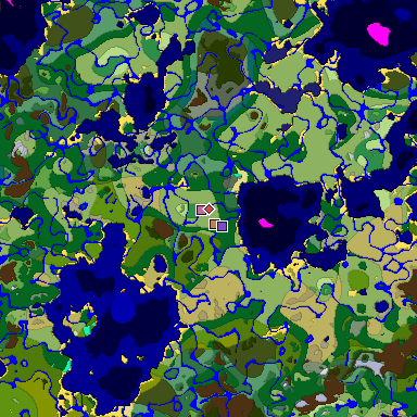 Predicted biome map of Java 1.18 seed -438837748277168634 around estimated spawn