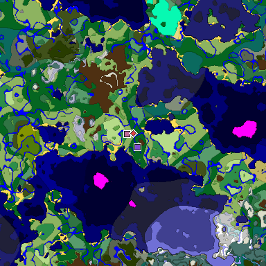 Predicted biome map of Java 1.18 seed 4458976275621460663 around estimated spawn
