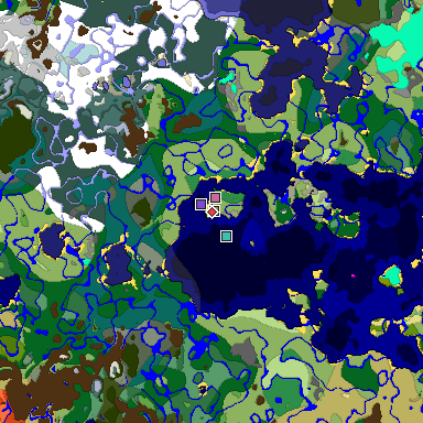 Predicted biome map of Java 1.18 seed 6887651365666795916 around estimated spawn