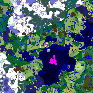 Predicted biome map of Java 1.18 seed -2502585209128973030 around estimated spawn