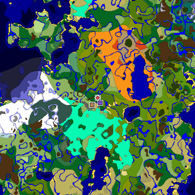 Predicted biome map of Java 1.18 seed -77557547493525007 around estimated spawn