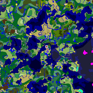 Predicted biome map of Java 1.18 seed 6225228796623070512 around estimated spawn