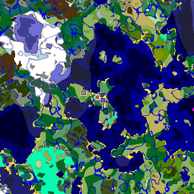 Predicted biome map of Java 1.18 seed 5553623055042810330 around estimated spawn