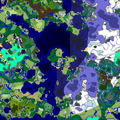 Predicted biome map of Java 1.18 seed 3466028129115357371 around estimated spawn