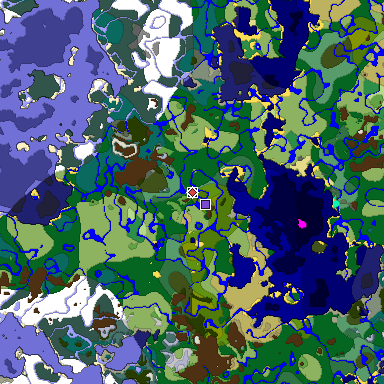 Predicted biome map of Java 1.18 seed -1912265077422073353 around estimated spawn