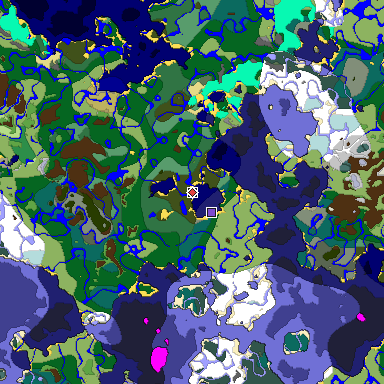 Predicted biome map of Java 1.18 seed -1399219349972544761 around estimated spawn