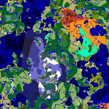 Predicted biome map of Java 1.18 seed -3254224053205973488 around estimated spawn