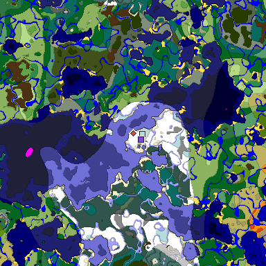 Predicted biome map of Java 1.18 seed -7409770754634358931 around estimated spawn