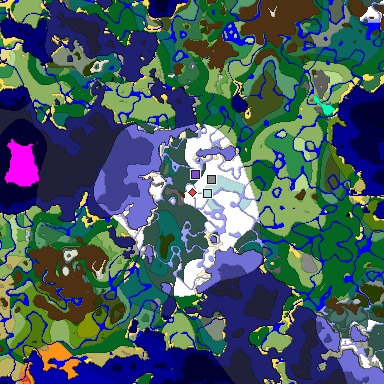 Predicted biome map of Java 1.18 seed 4626888477824345101 around estimated spawn
