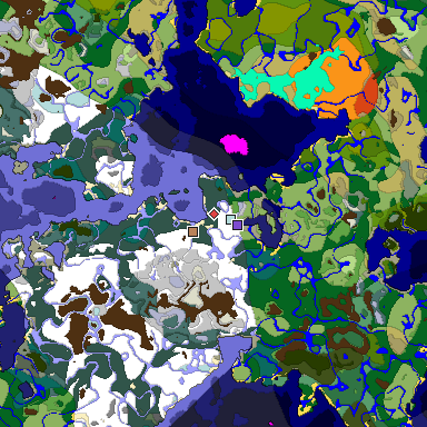 Predicted biome map of Java 1.18 seed 1821185890259676774 around estimated spawn