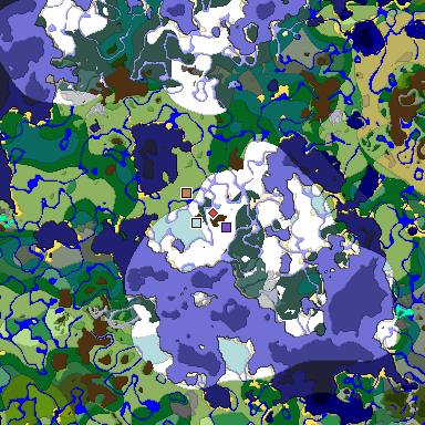 Predicted biome map of Java 1.18 seed -8505078108536679724 around estimated spawn