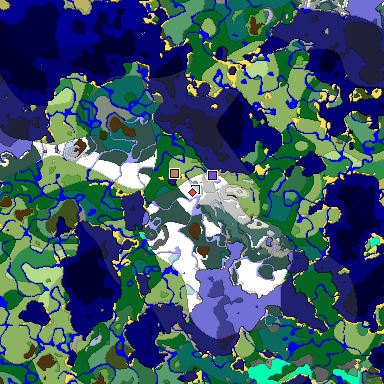Predicted biome map of Java 1.18 seed 5426145093550611723 around estimated spawn