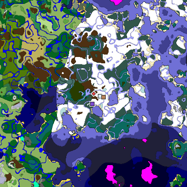 Predicted biome map of Java 1.18 seed -7145774047594212513 around estimated spawn