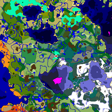 Predicted biome map of Java 1.18 seed -3686966472378203016 around estimated spawn