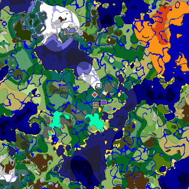 Predicted biome map of Java 1.18 seed -6447664555525313772 around estimated spawn