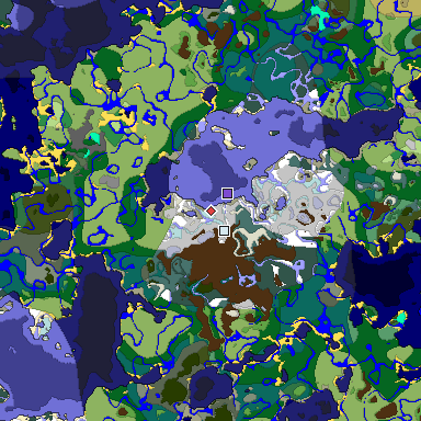 Predicted biome map of Java 1.18 seed 7274148836136764245 around estimated spawn