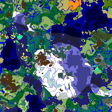 Predicted biome map of Java 1.18 seed 1649239837446064272 around estimated spawn