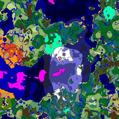 Predicted biome map of Java 1.18 seed -1643235091395621716 around estimated spawn