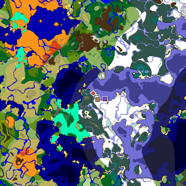 Predicted biome map of Java 1.18 seed 8809220014741840682 around estimated spawn