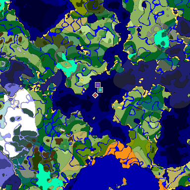 Predicted biome map of Java 1.18 seed 6968055387130627358 around estimated spawn