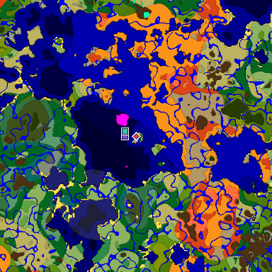 Predicted biome map of Java 1.18 seed -3950868693249737564 around estimated spawn