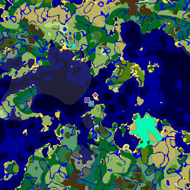 Predicted biome map of Java 1.18 seed 2874889089163492349 around estimated spawn