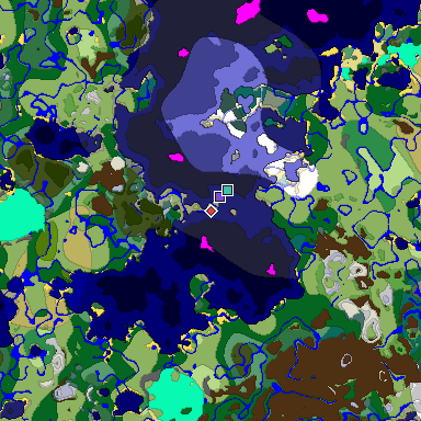 Predicted biome map of Java 1.18 seed 1525176013274557451 around estimated spawn