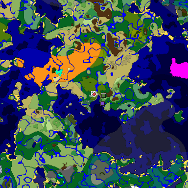 Predicted biome map of Java 1.18 seed -6878334871960703464 around estimated spawn