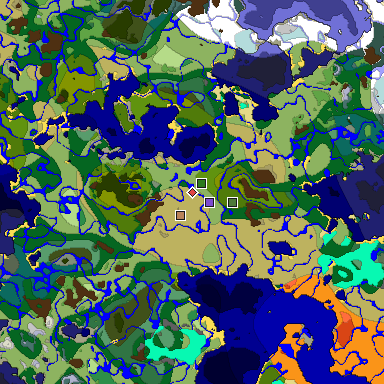 Predicted biome map of Java 1.18 seed -7028754696360431627 around estimated spawn