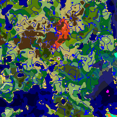 Predicted biome map of Java 1.18 seed 1243016944519660785 around estimated spawn