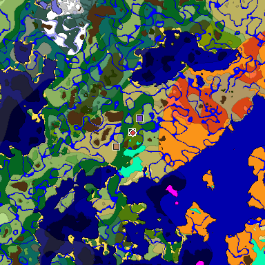 Predicted biome map of Java 1.18 seed 586178801386645765 around estimated spawn