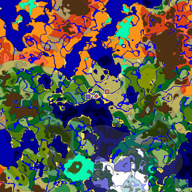 Predicted biome map of Java 1.18 seed -3544472760647692944 around estimated spawn