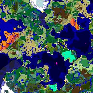 Predicted biome map of Java 1.18 seed 5136566180244410521 around estimated spawn