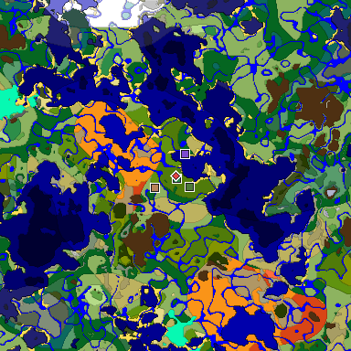 Predicted biome map of Java 1.18 seed 3943338572149004705 around estimated spawn