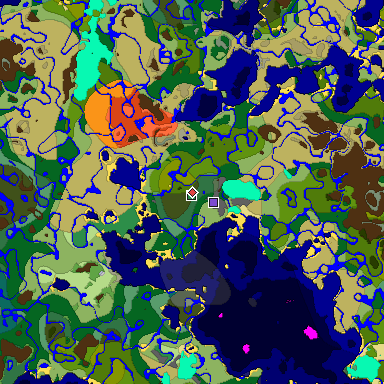 Predicted biome map of Java 1.18 seed -4216363552999401301 around estimated spawn
