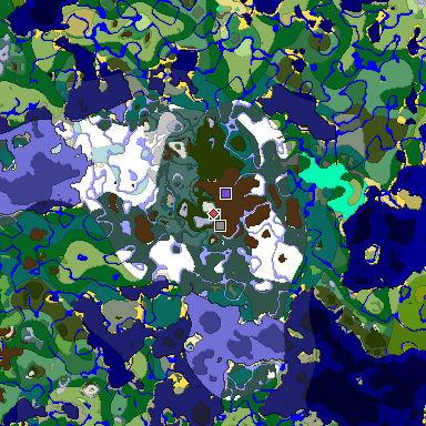 Predicted biome map of Java 1.18 seed -4278277475699169482 around estimated spawn