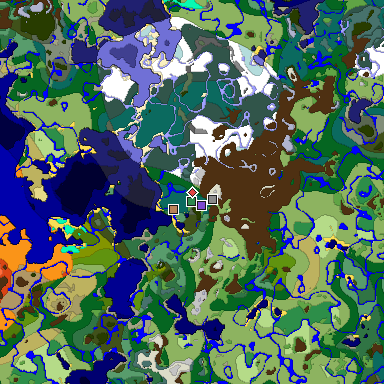 Predicted biome map of Java 1.18 seed -5691839387455579732 around estimated spawn