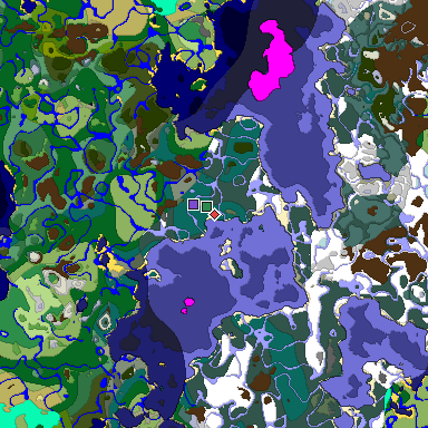 Predicted biome map of Java 1.18 seed -5564083610311600365 around estimated spawn