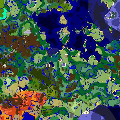 Predicted biome map of Java 1.18 seed -7890166227143159632 around estimated spawn