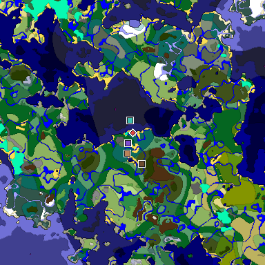 Predicted biome map of Java 1.18 seed 3411992627331780350 around estimated spawn