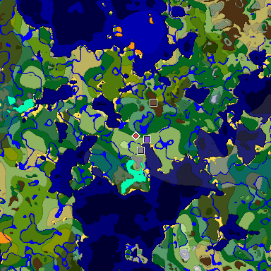 Predicted biome map of Java 1.18 seed 2986678588883920366 around estimated spawn